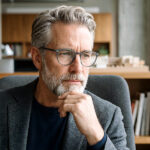 Das Bild zeigt einen älteren Herrn, der ein Unternehmer sein könnte. Die Person wirkt nachdenklich. Möglicherweise muss sie unter Unsicherheit über den richtigen Verkaufszeitpunkt beim Unternehmensverkauf entscheiden.